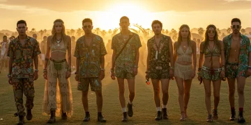 Diverse festival attendees in 2025 fashion trends, vibrant colors, sustainable fabrics, and bold accessories.