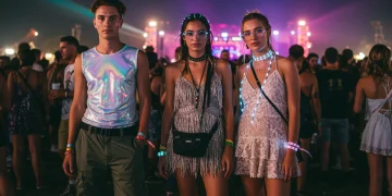 Diverse individuals showcasing 2025 festival fashion trends at a vibrant music festival.