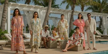 Diverse models in chic 2025 resort wear at a luxury poolside