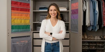 Woman smiling in front of an organized wardrobe after a successful 2025 wardrobe audit.