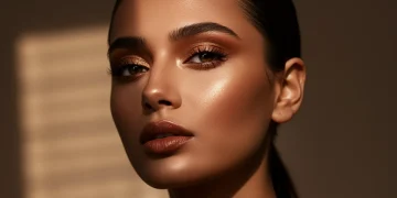 Model wearing stunning autumn 2025 makeup, featuring warm eyeshadows and a berry lip.