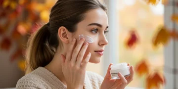 Woman applying face cream for autumn skincare transition