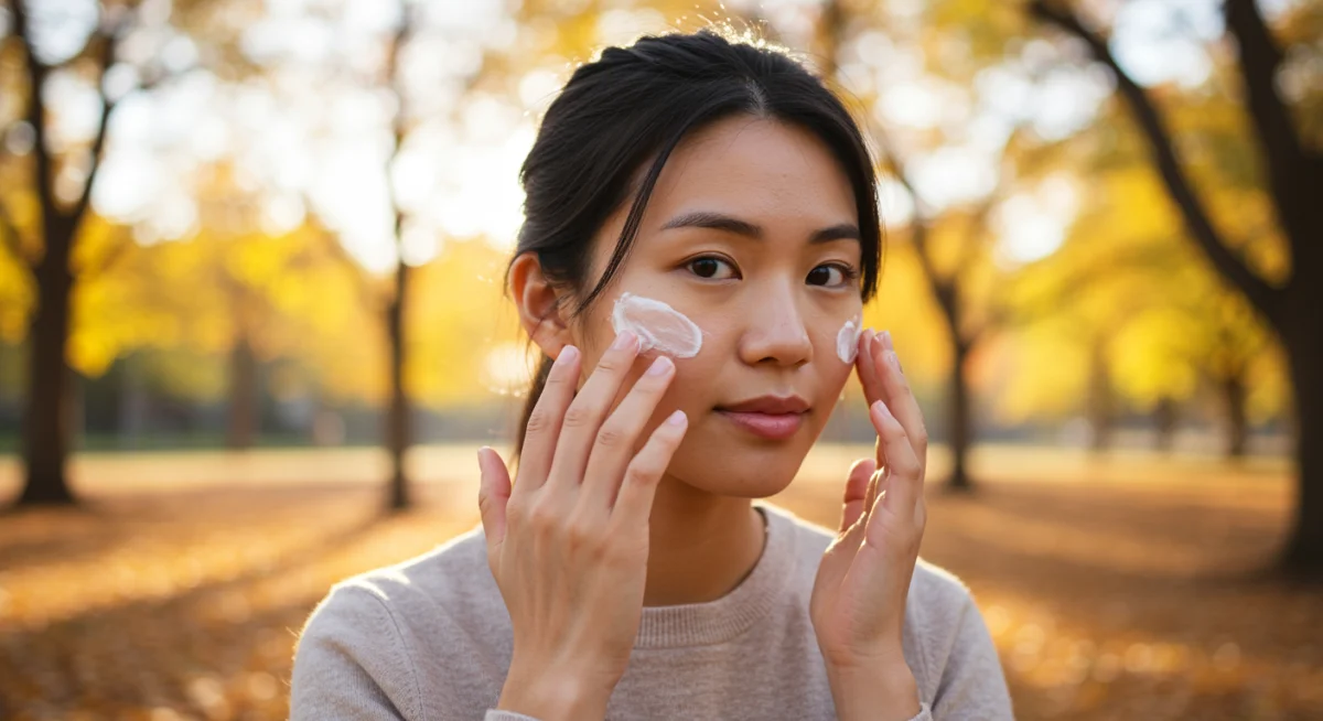 Applying sunscreen during autumn to protect skin