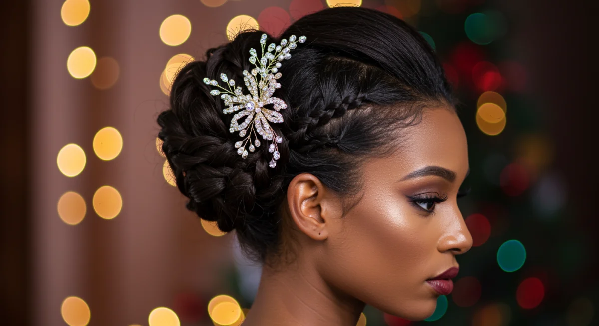 Detailed low chignon updo with braids and festive pins