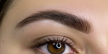 Woman with perfectly laminated eyebrows showcasing a full, sculpted look