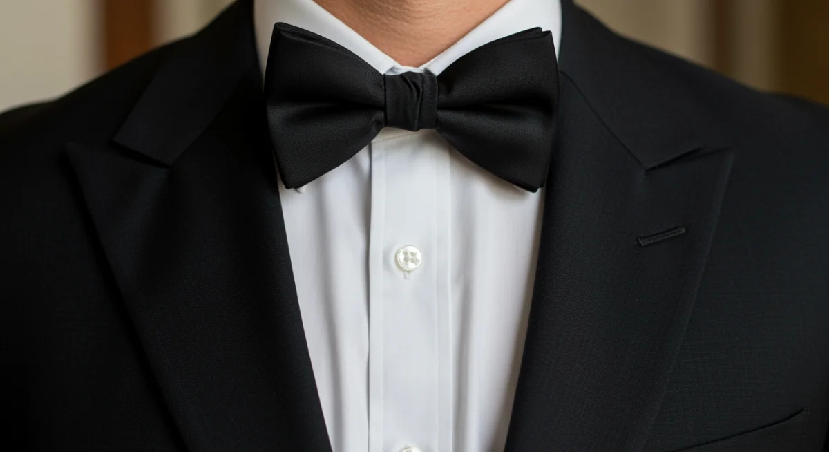 Classic tuxedo jacket with white shirt and bow tie.