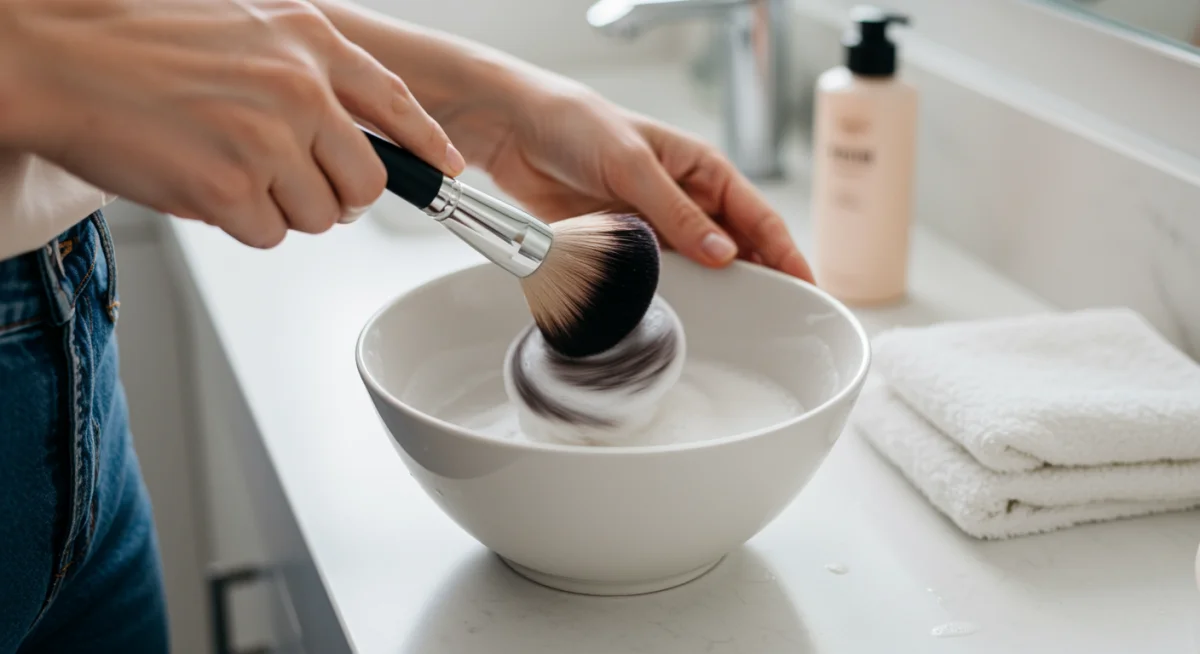 Close-up of a hand cleaning a foundation brush in a bowl of warm, soapy water.