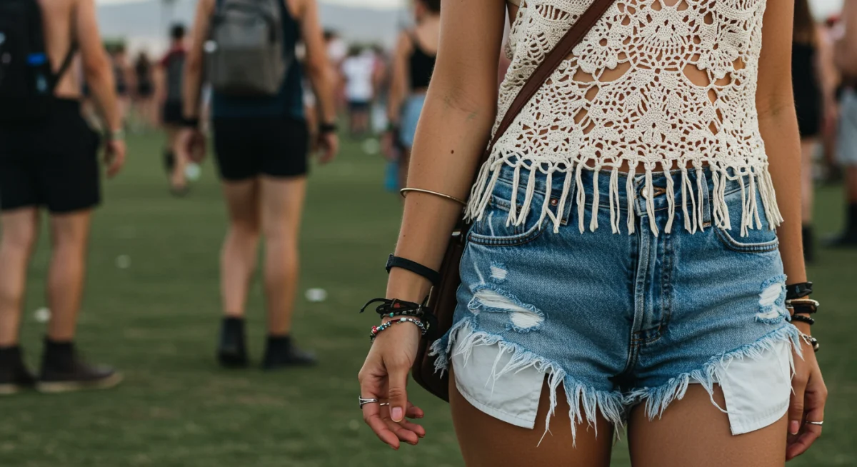 Bohemian-chic festival outfit with crochet top and layered jewelry at Coachella.