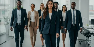 Professionals in power outfits walking confidently in a modern office.