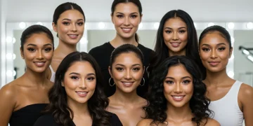 Diverse women demonstrating effective contouring and highlighting techniques on various skin tones, in a bright studio.