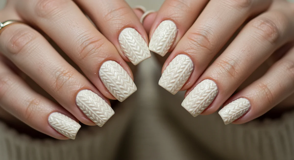 Cozy knit textured nail art in a soft cream color for winter 2025