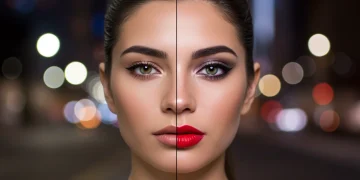 Woman showcasing day to night makeup transformation with elegant and glamorous looks