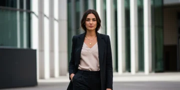 Woman in versatile day to night outfit walking through city street