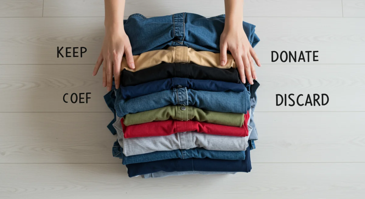 Hands sorting clothes into piles during a wardrobe decluttering session.