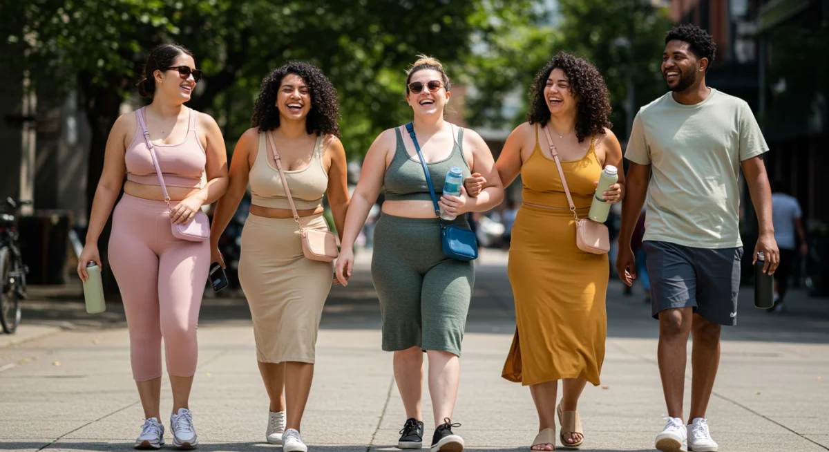 Diverse friends in stylish comfortable weekend outfits walking together