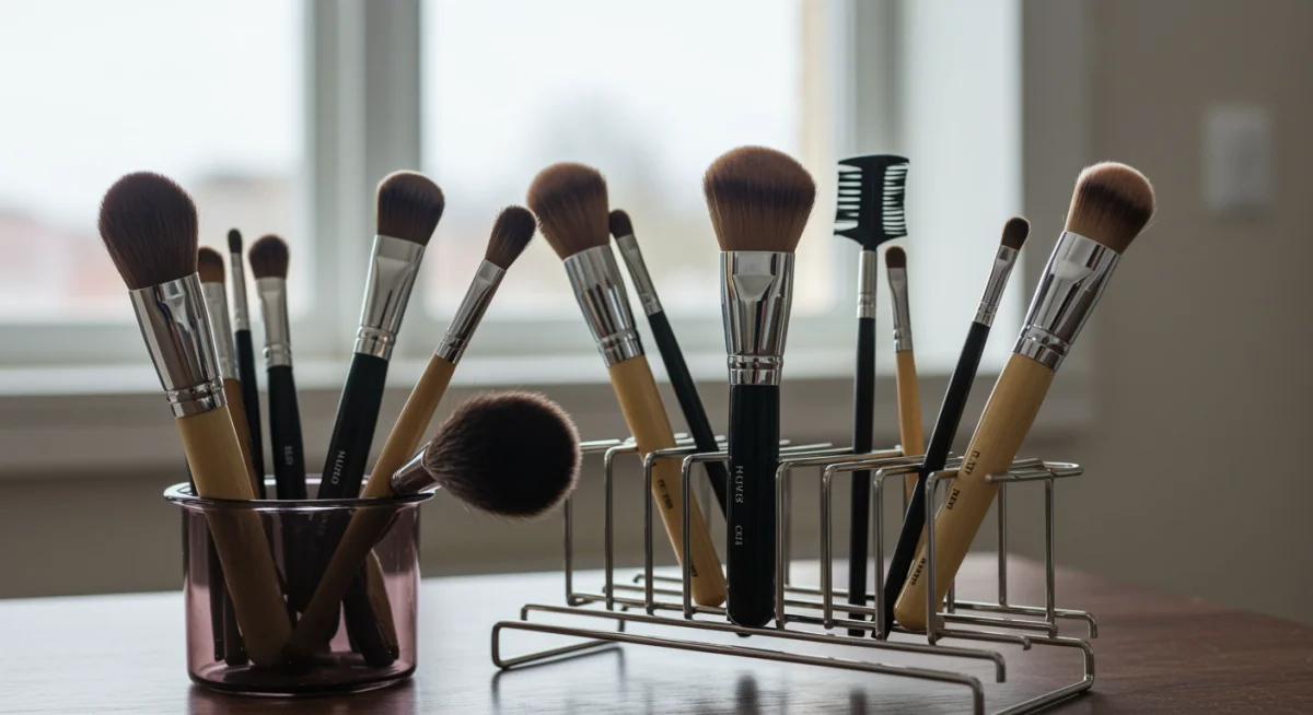 Makeup brushes drying on a specialized rack after being thoroughly cleaned.