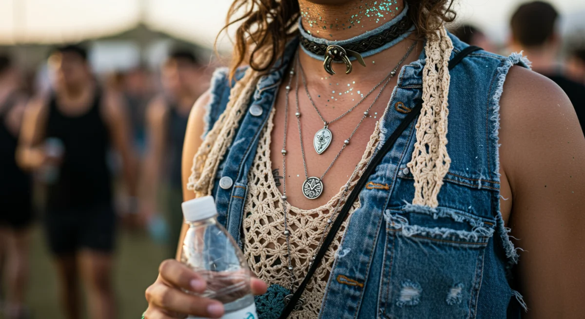 Sustainable and eco-chic festival outfit with upcycled denim and natural elements.