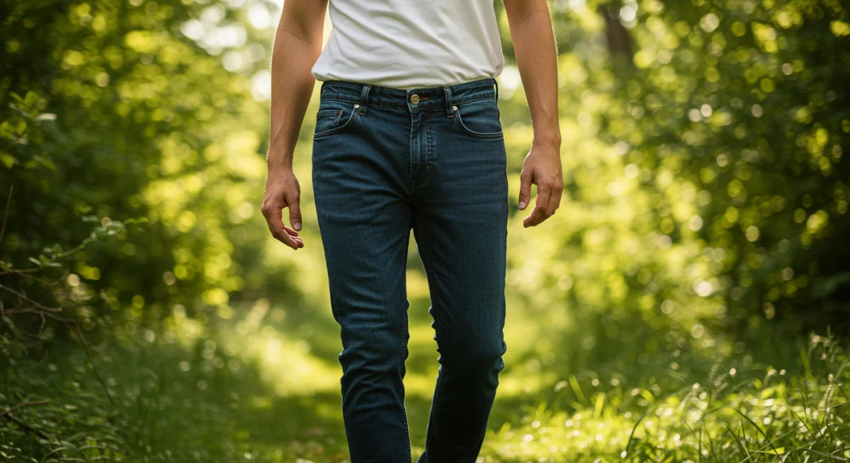 Stylish person wearing eco-friendly denim jeans outdoors