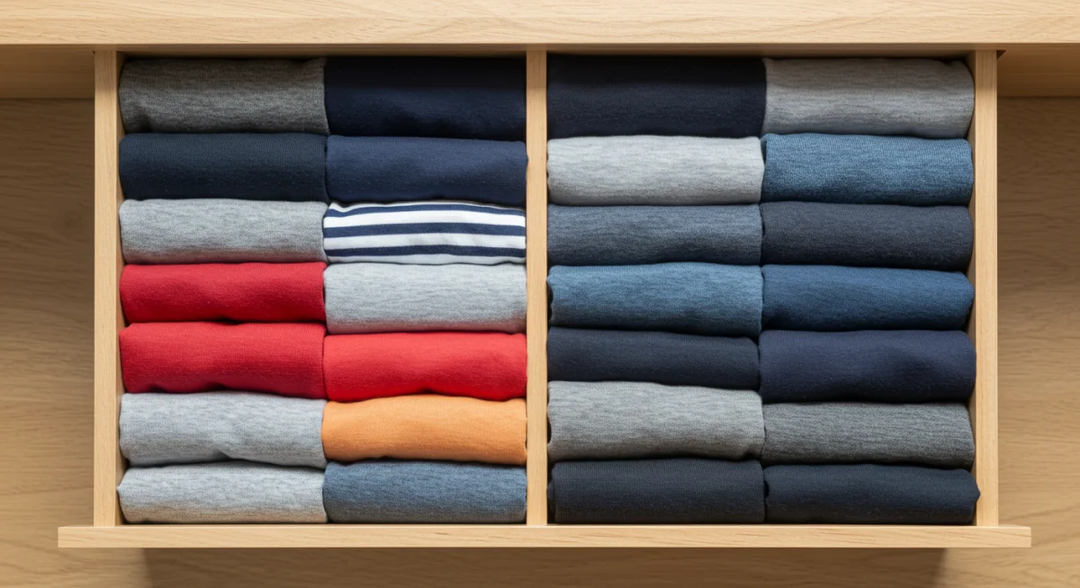 Drawer with vertically folded t-shirts, demonstrating efficient wardrobe organization.