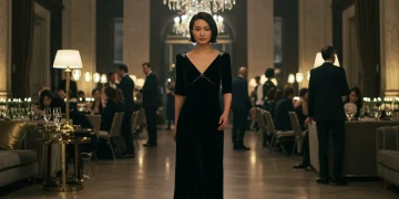 Woman in elegant black velvet gown at a sophisticated 2025 social event.