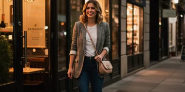 Woman in an elegant blazer and jeans, ready for last-minute plans