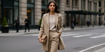 Woman in elegant neutral outfit walking confidently