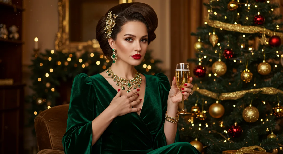 Emerald green velvet gown styled for Holiday 2025 Glamour.
