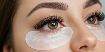 Woman with long, voluminous eyelash extensions, showcasing healthy and well-maintained lashes.