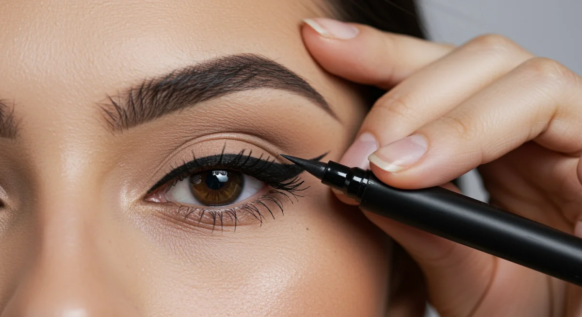 Applying liquid eyeliner with dot method for symmetry