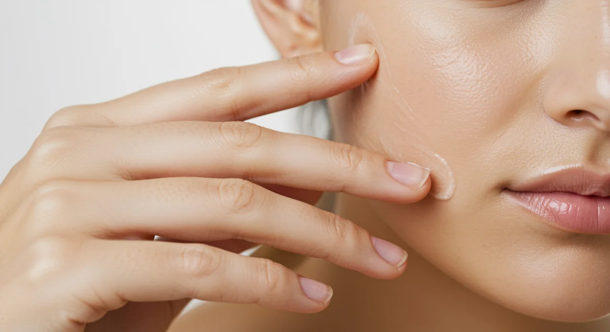 Hand massaging facial serum into hydrated skin