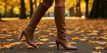 Stylish woman wearing sleek knee-high boots in a fall setting, showcasing 2025 footwear trends.