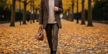 Woman in a stylish fall 2025 outfit, featuring an oversized blazer and knitwear, walking through autumn foliage.