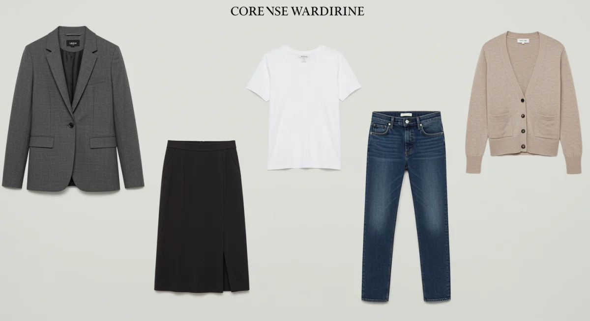 Flat lay of five essential core wardrobe pieces for mix-and-match