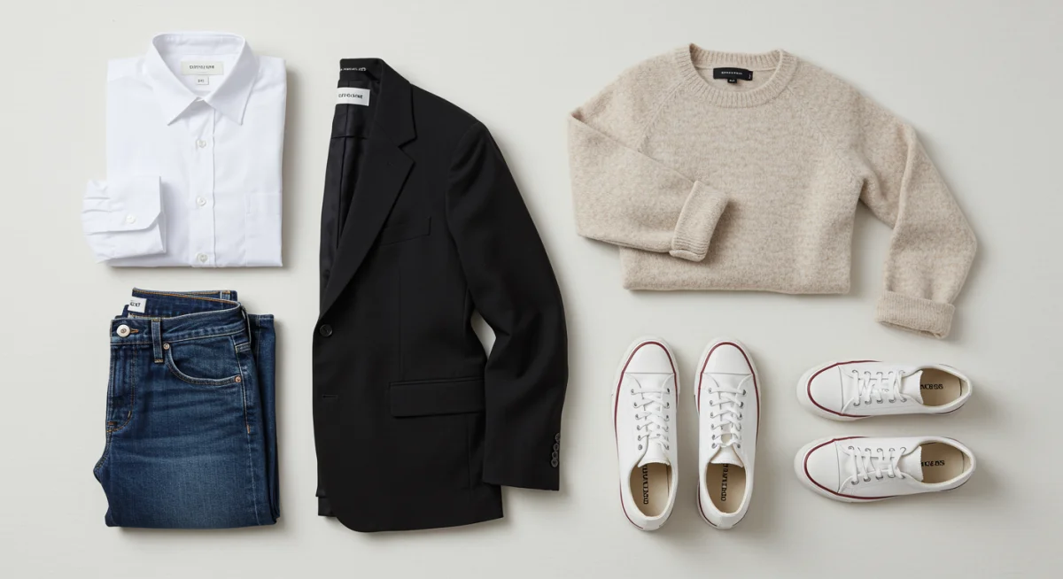 Flat lay of five essential wardrobe pieces for versatile outfits