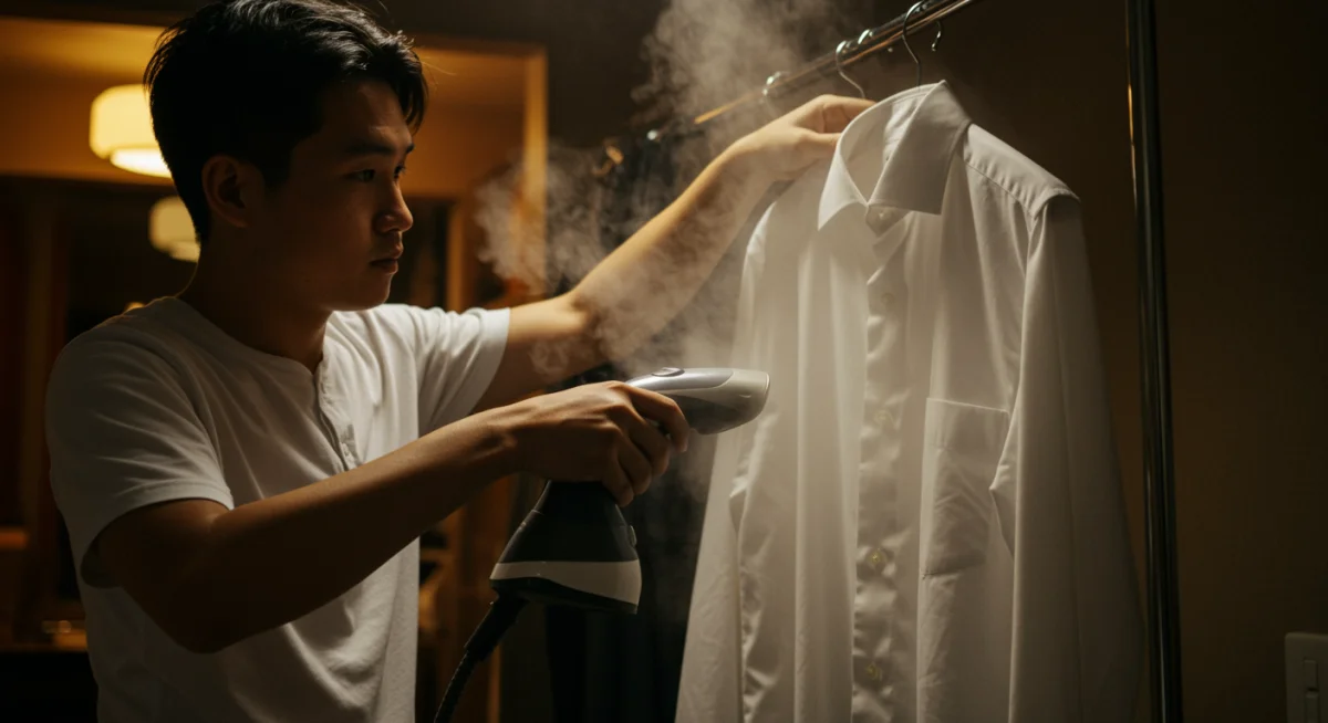Person steaming a white button-down shirt