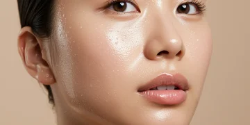 Woman with radiant glass skin, K-Beauty inspired glowing complexion