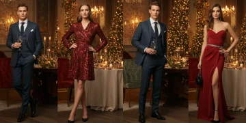 Holiday 2025 Glamour: Diverse group in festive attire at a party.