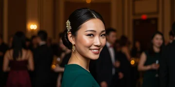 Elegant woman showcasing a festive updo at a holiday party