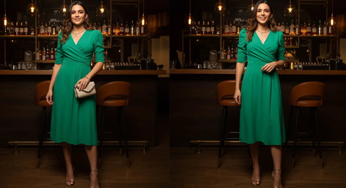 Vibrant jewel-toned midi dress with gold jewelry.
