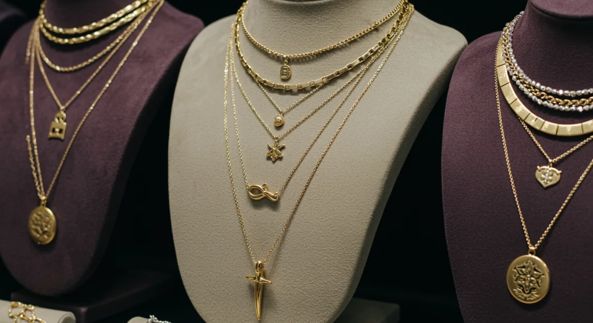Detailed view of layered necklaces, showcasing personalized jewelry trends