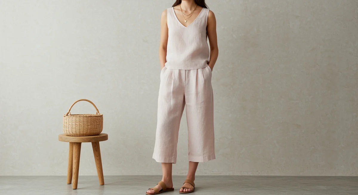 Model wearing sophisticated pastel linen co-ord set for summer