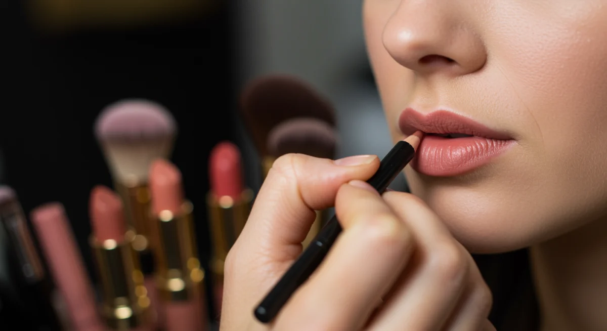 Makeup artist applying lip liner to create the illusion of fuller lips.