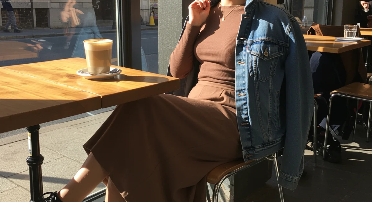 Person in midi skirt and denim jacket enjoying a spring day