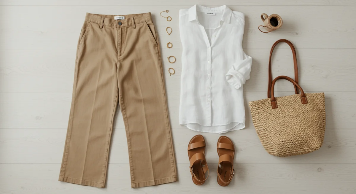 Minimalist wide-leg trousers and linen shirt flat lay outfit