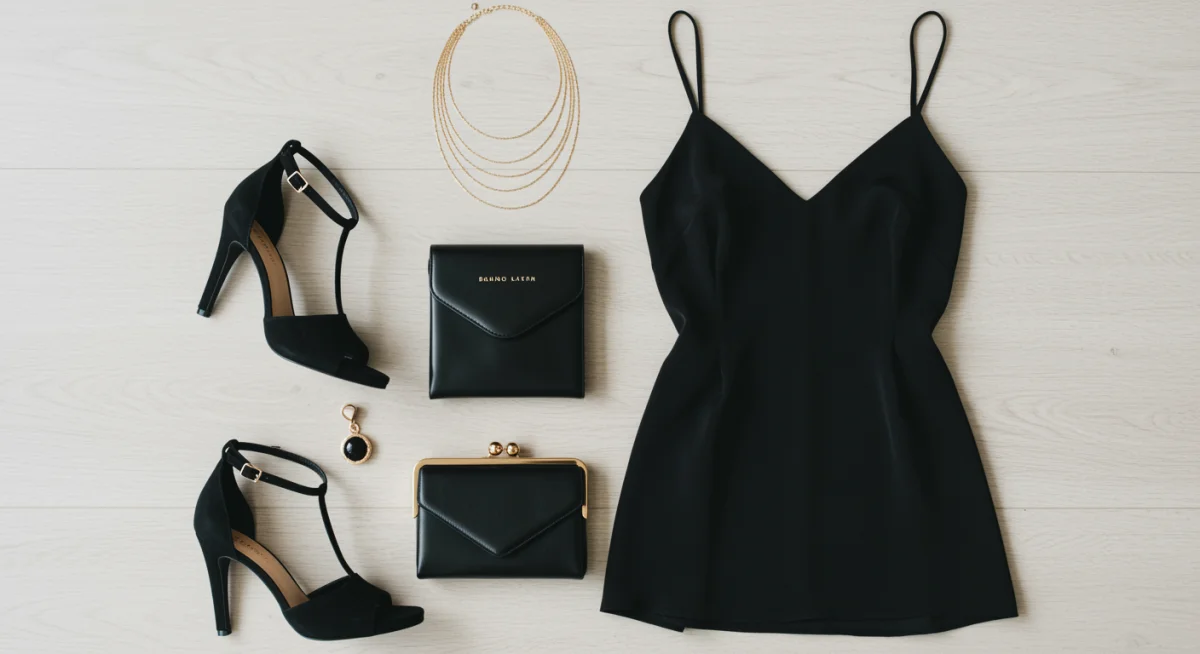 Minimalist black slip dress with gold accessories flat lay