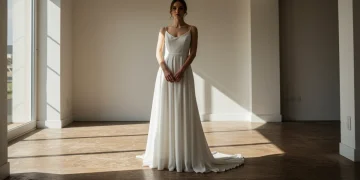 Modern bride in a sleek, architectural white wedding gown for the 2025 season