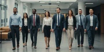 Professionals in stylish modern office workwear walking through a bright lobby