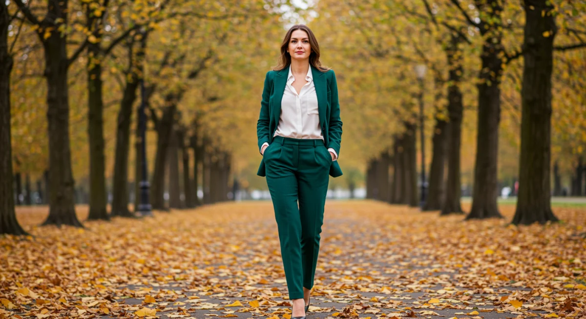Woman in a tailored monochrome pantsuit walking in a park