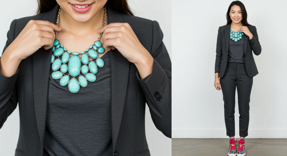 Monochrome suit with statement accessories