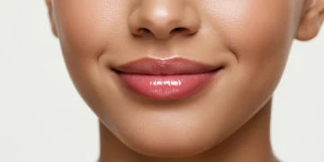 Woman showcasing naturally plump, glossy lips after using non-invasive techniques.